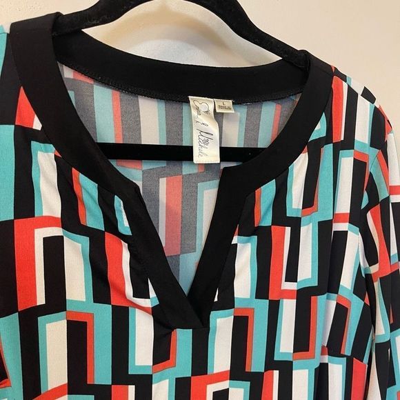 Women's Emma & Michele Geometric Design Multicolor V-neck Dress, Size Large 3/4 - Picture 3 of 8